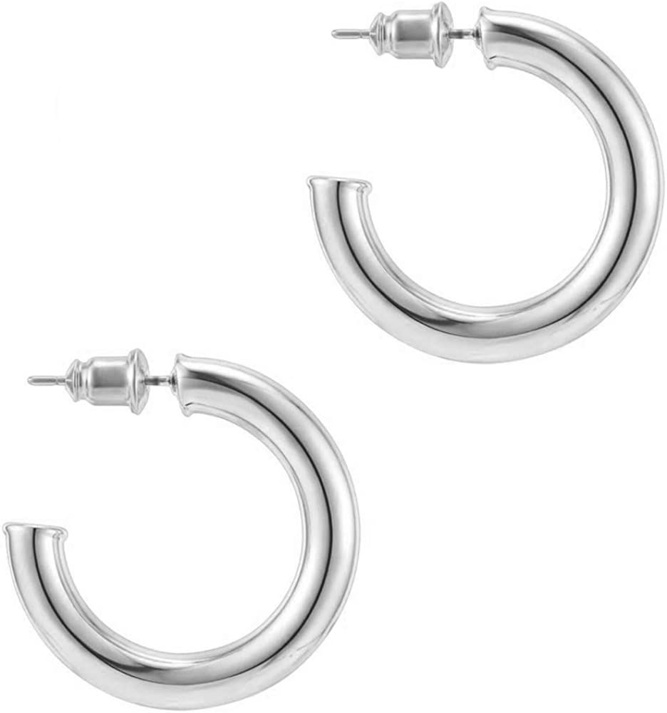 Amazon.com: PAVOI Rhodium Plated Lightweight Chunky Open Hoops | Gold Hoop Earrings for Women | 3... | Amazon (US)