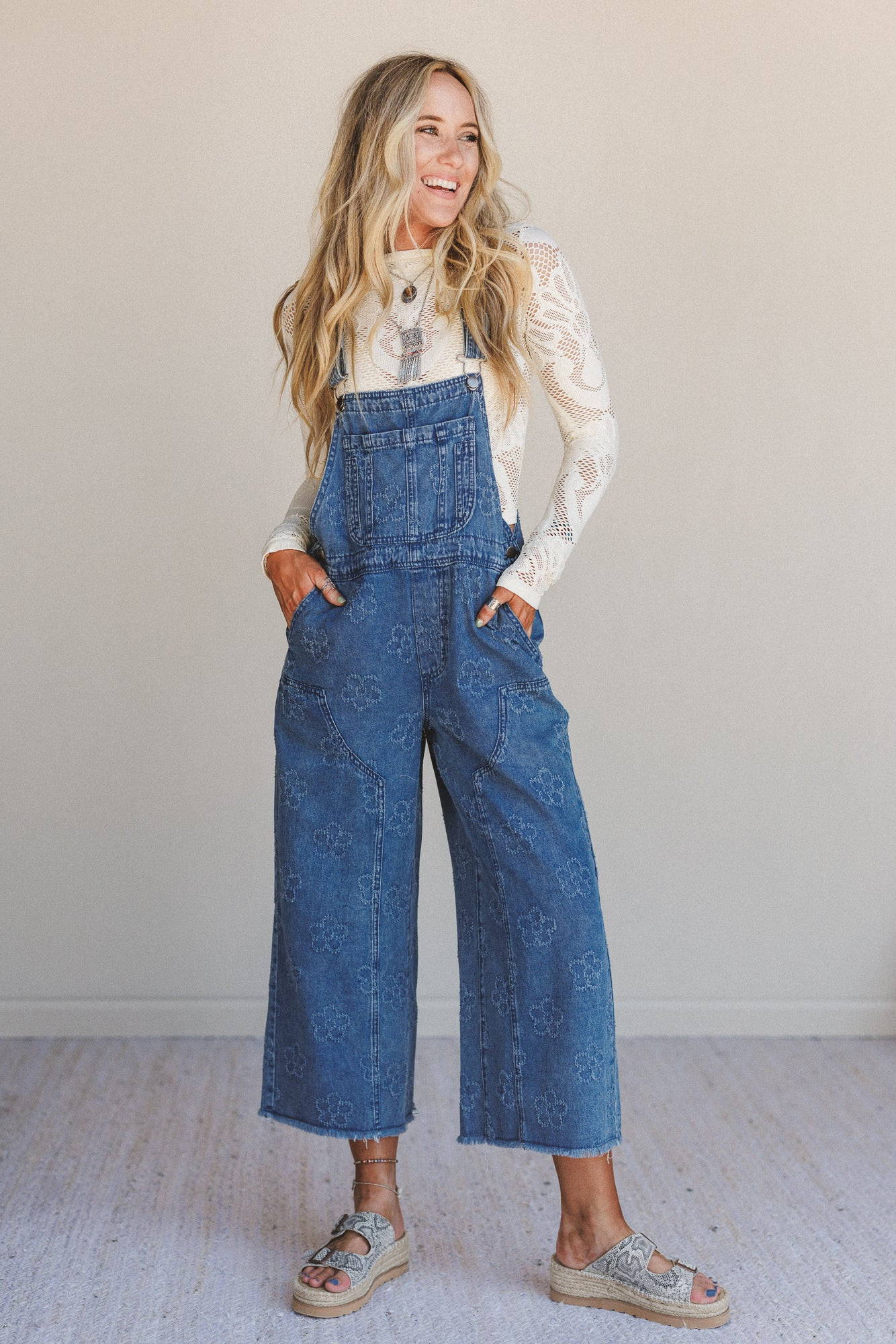 Chasing Horizons Flower Pattern Overalls - Washed Denim | Three Bird Nest