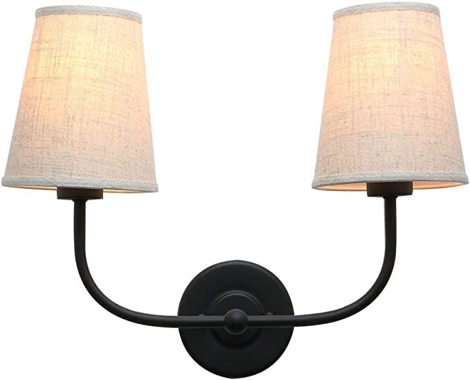 Permo Vintage Double Sconce Antique 2-Lights with Flared Funnel Linen Beige Fabric Shade | Amazon (US)