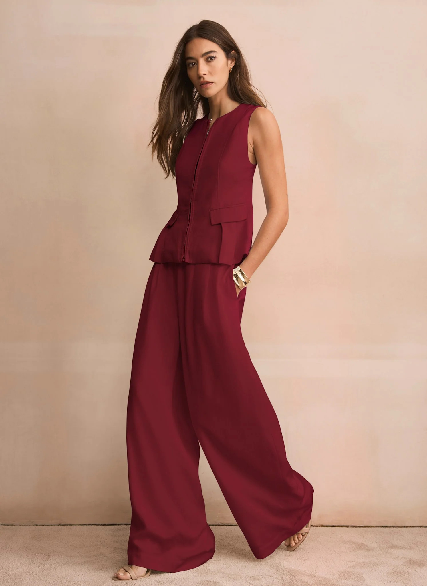 Burgundy Darted Wide Leg Trousers | Mint Velvet