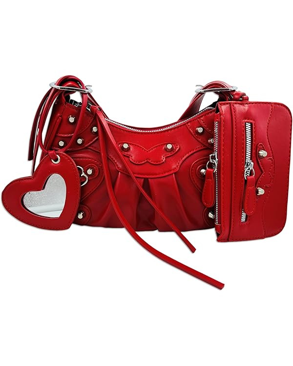 Shoulder Bag for Women, Leather Hobo Bag, Punk Style Y2k Crossbody Purse with Rivet | Amazon (US)