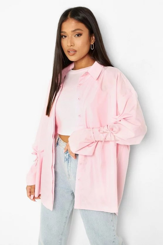Pink Oversized Tie Cuff Detail Shirt | Boohoo.com (UK & IE)