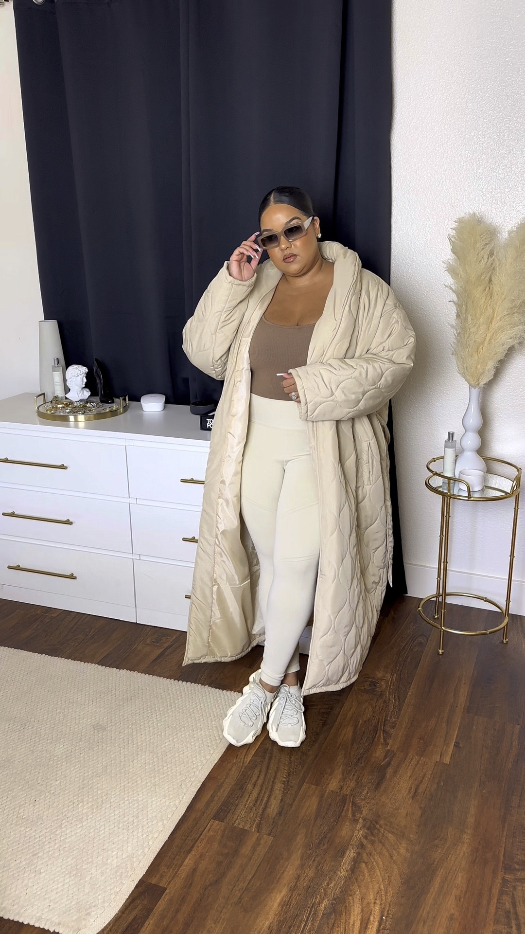 Neutral fall winter look. quilted coat trench midi. Yeezy 450 sneakers nude shades shein american Eagle cream nude outfit minimal style street wear plus size curvy midsize 

#LTKcurves #LTKunder50 #LTKSeasonal