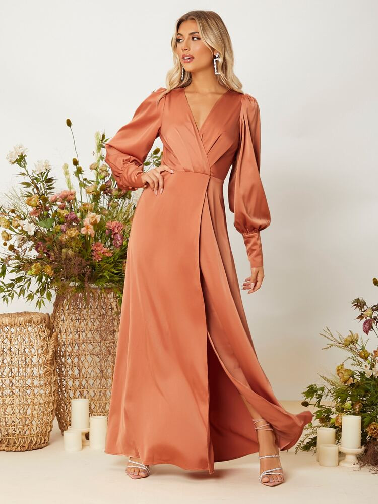 SHEIN Lantern Sleeve Surplice Neck Wrap Hem Dress | SHEIN
