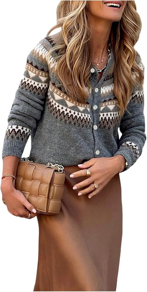 SOLY HUX Women's Fair Isle Cardigan Sweater Button Down Crew Neck Long Sleeve Knit Outerwear Fall... | Amazon (US)