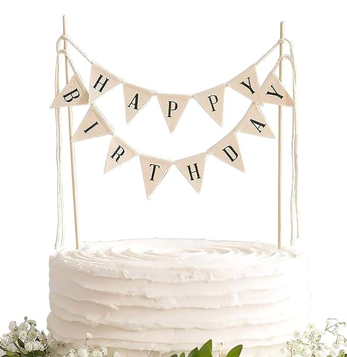 TECCA Happy Birthday Cake Topper Banner with White Burlap Bunting Flags. Handmade Food-Grade Safe... | Amazon (US)