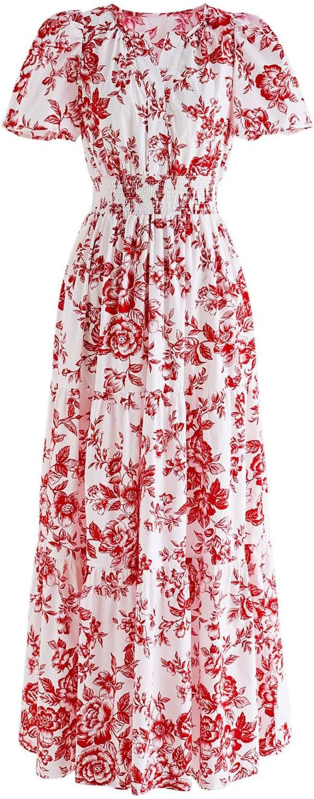 CHICWISH Women Short Bubble Sleeves Cotton Maxi Dress Flower Printed V Neck Elastic Waist Casual ... | Amazon (US)