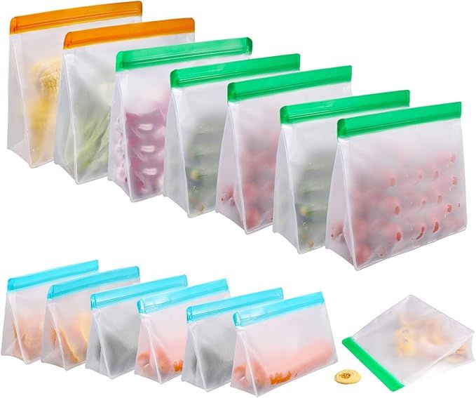 Food Storage Bags for Reusable 14 Pack, Stand Up FDA Grade Leakproof Reusable Vacuum Bags, 2 Gall... | Amazon (US)