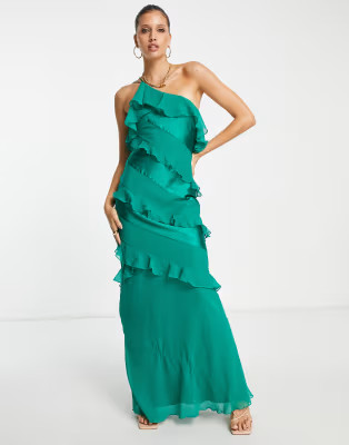 ASOS DESIGN satin bias ruffle maxi dress in forest green | ASOS (Global)