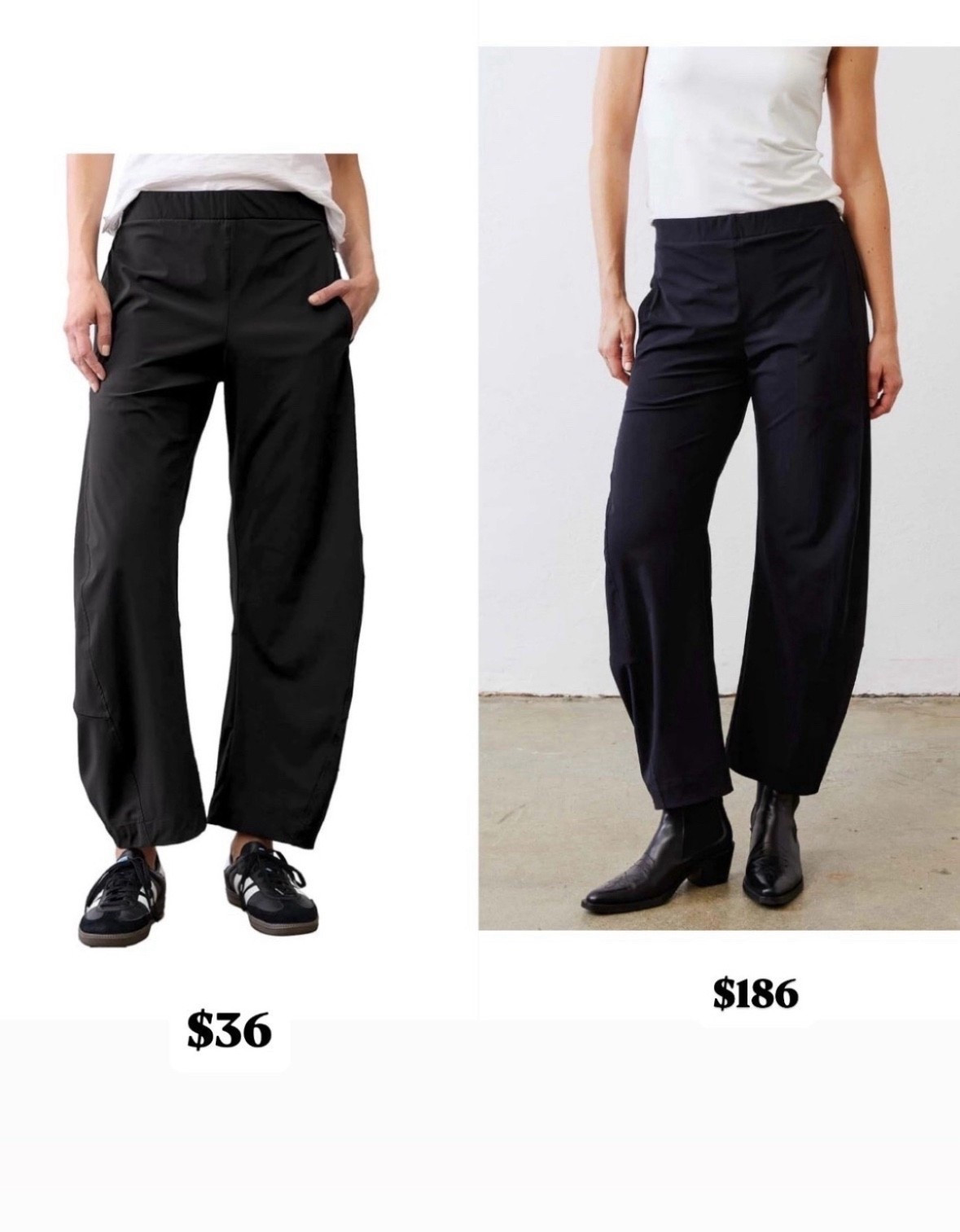 This or that? 
Amazon or? 
I have the ones on the right and I sized up for the slouchy look. Perfect travel wear! 