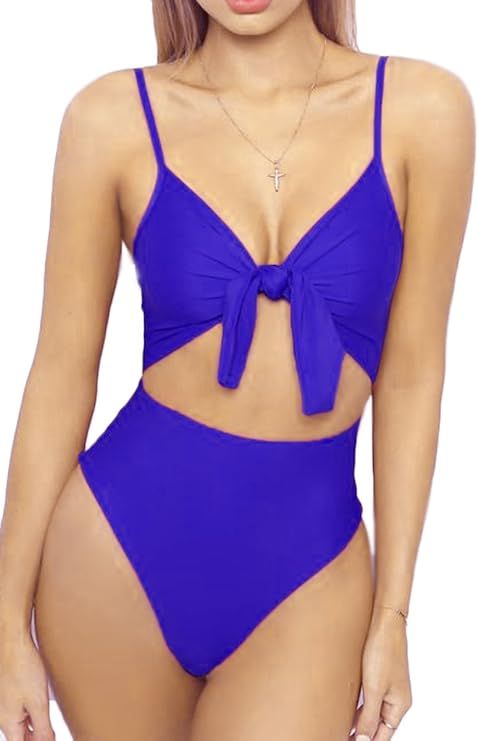 LEISUP Womens Spaghetti Strap Tie Knot Front Cutout High Cut One Piece Swimsuit | Amazon (US)