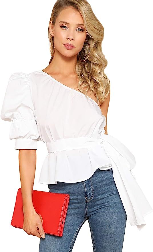 Romwe Women's One Shoulder Short Puff Sleeve Self Belted Solid Blouse Top | Amazon (US)