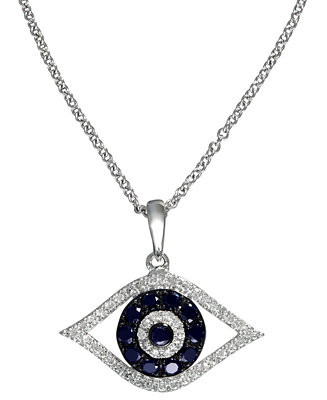 EFFY® Sapphire (1/4 ct. t.w.) and Black and White Diamond (1/8 ct. t.w.) Evil Eye Pendant in 14k... | Macy's