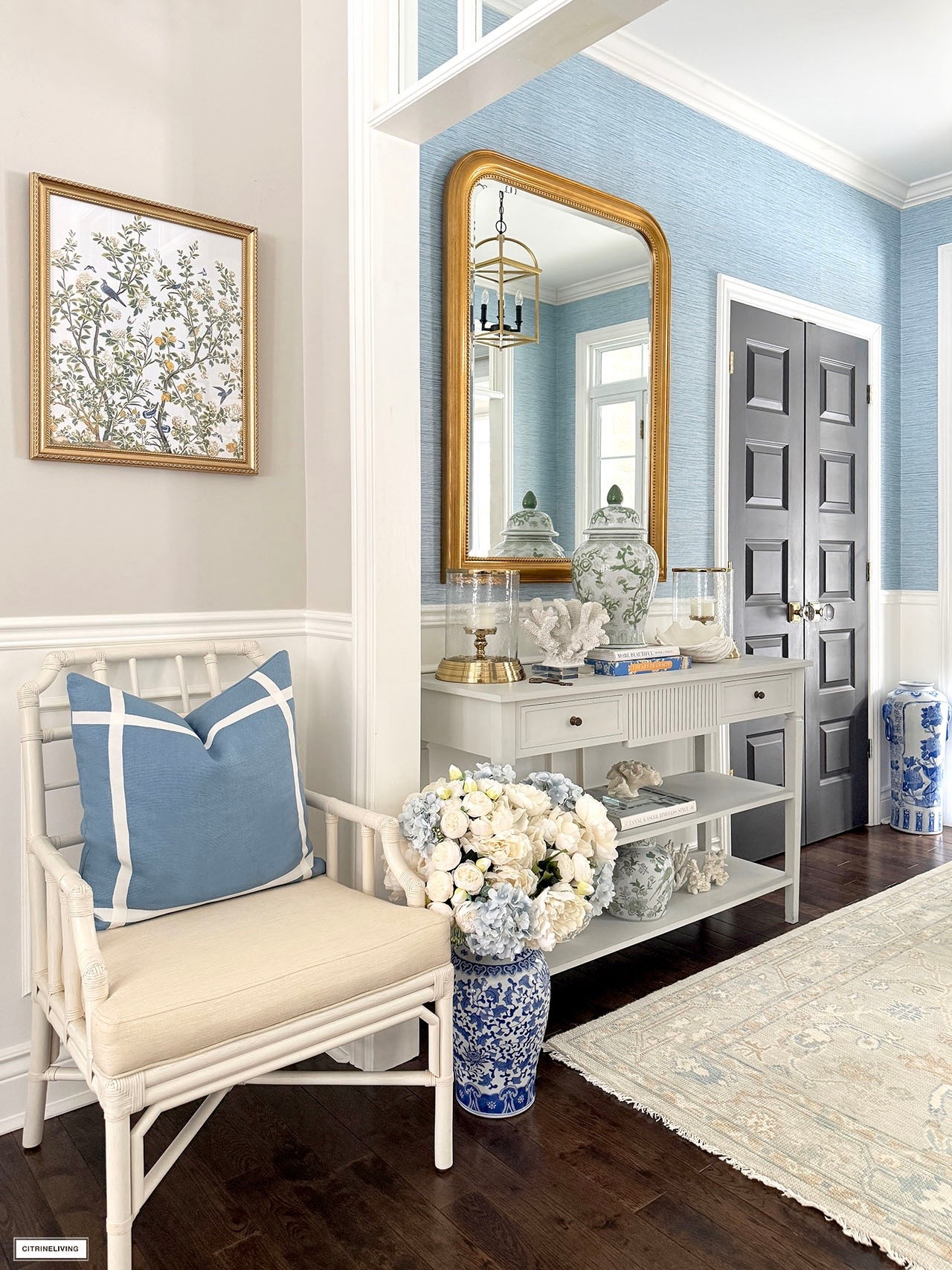 Our spring entryway with all the spring vibes! Gorgeous color, chic pattern and beautiful textures! Ginger jars, pillows, artwork, accessories all the perfect home decor elements💙💚🩵

#LTKSeasonal #LTKHome