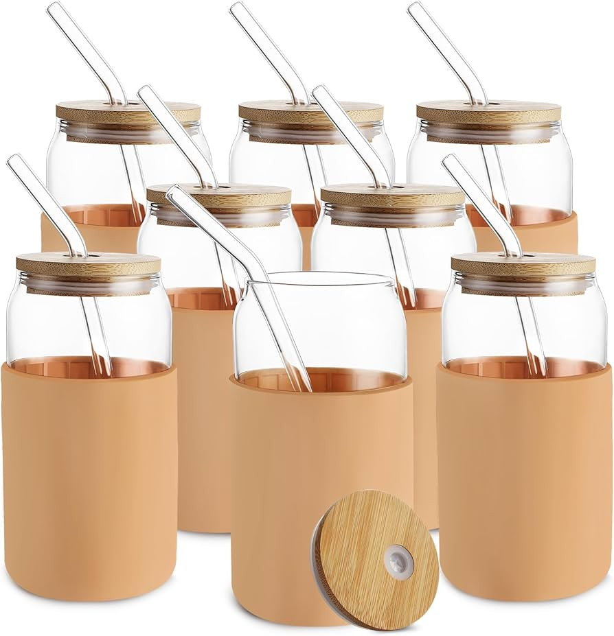 Glass Cups with Bamboo Lids and Straws 8pcs Set, 20oz Can Shaped Cute Tumbler Cup with Cleaning B... | Amazon (US)