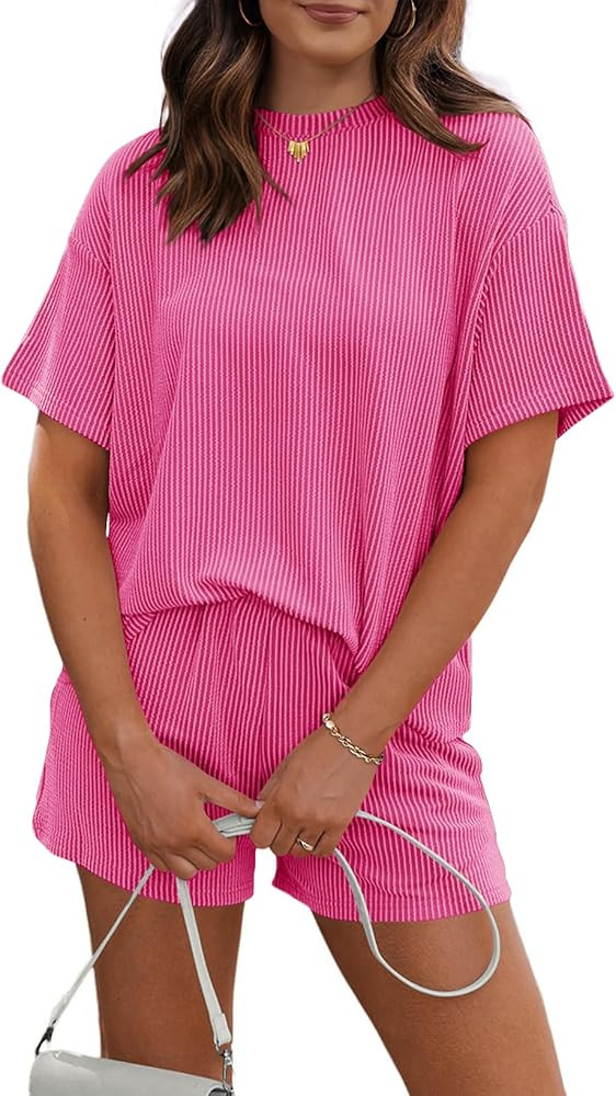 RUBZOOF Women's 2 Piece Sets Short Sleeve Outfits Ribbed Textured Knit Lounge Shorts Set Oversize... | Amazon (US)