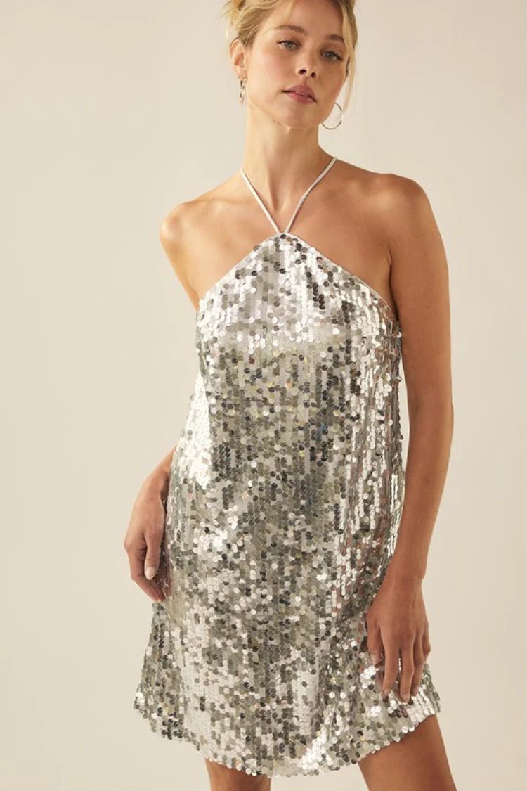 Pippa Silver Sequin Halter Mini Dress | Confête