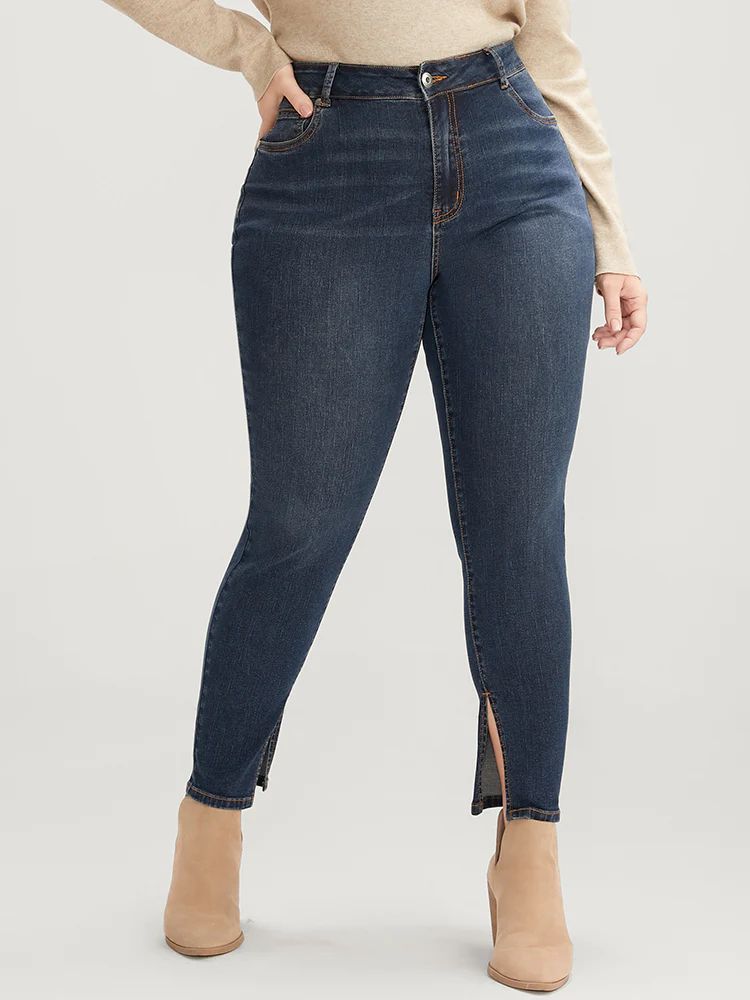Mom Jeans Skinny Moderately Stretchy High Rise Medium Wash Split Jeans | Bloomchic