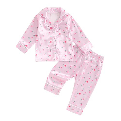 Aiwpstoin Toddler Baby Girl Silk Pajamas Set Floral Print Long Sleeve Button Down Shirt Pants Matching Pjs Lounge Set (Pink, 18_months-24_months) | Amazon (US)