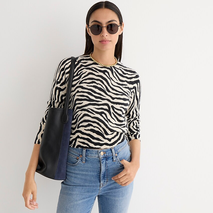 Cropped cashmere crewneck sweater in zebra stripe | J. Crew US