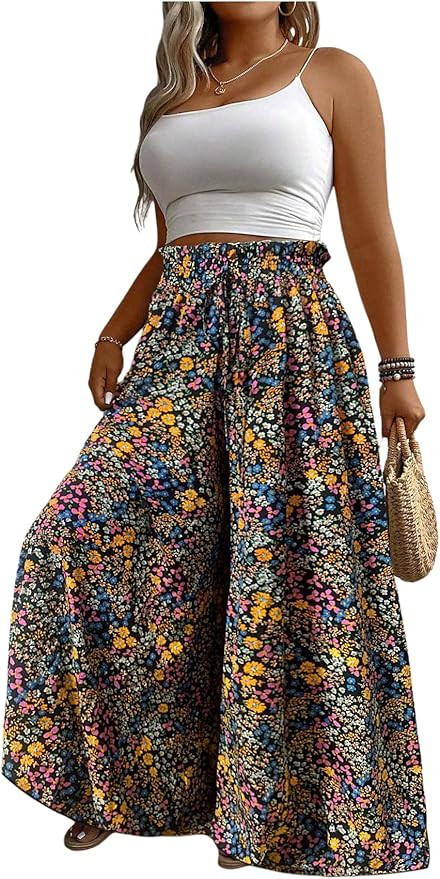 BEAUDRM Women's Plus Size Flowy Palazzo Pants Floral Baggy Wide Leg Pants Boho Lounge Pants Summe... | Amazon (US)