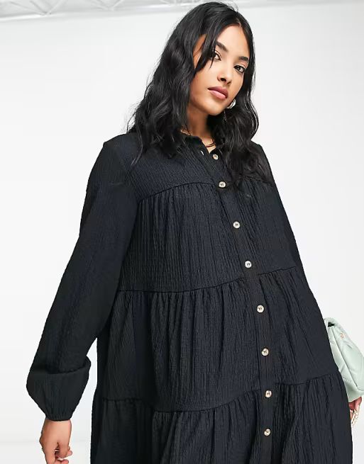 ASOS DESIGN textured tiered long sleeve shirt dress in black | ASOS (Global)