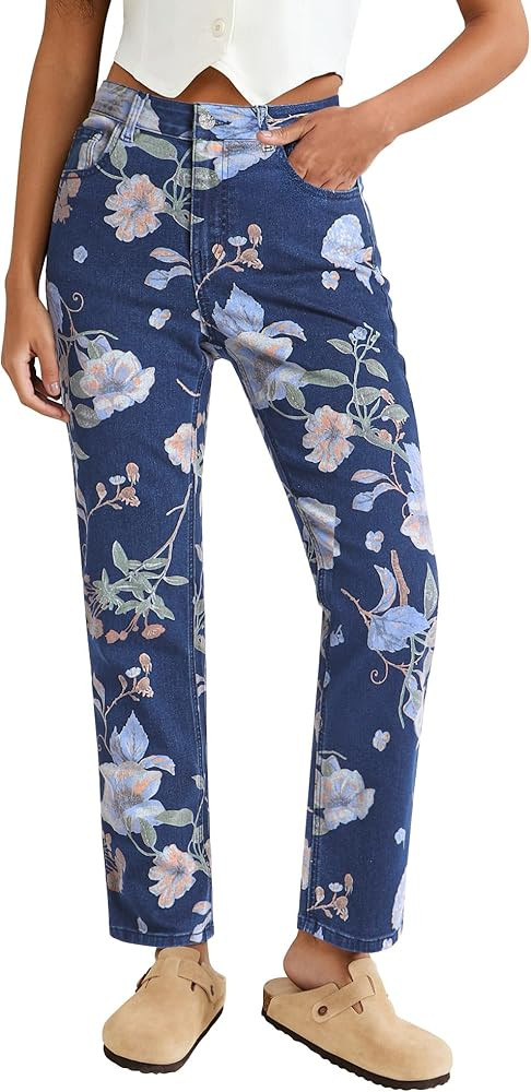 luvamia Straight Leg Jeans for Women Floral Printed High Waisted Trendy Cute Vintage Stretchy Den... | Amazon (US)