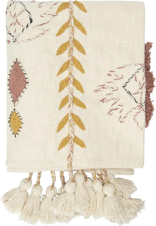 Creative Co-op DF1631 Embroidered Cream Cotton Decorative Applique, Pom Poms & Tassels Blankets a... | Amazon (US)