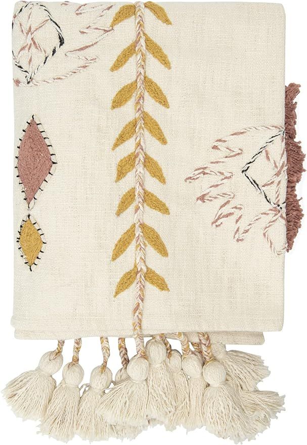 Creative Co-op DF1631 Embroidered Cream Cotton Decorative Applique, Pom Poms & Tassels Blankets a... | Amazon (US)