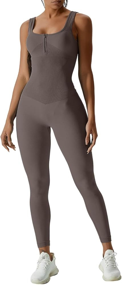QINSEN Womens Zip Front Square Neck Tank Top Sleeveless Jumpsuit Long Pants Yoga Unitard Rommpers | Amazon (US)