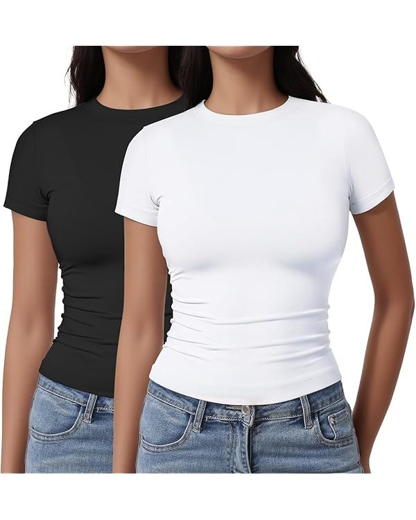 YOGINGO 2 Pack Womens Basic Short Sleeve Crew Neck T Shirt Slim Fit Tee Clothes Summer Y2k Going ... | Amazon (US)