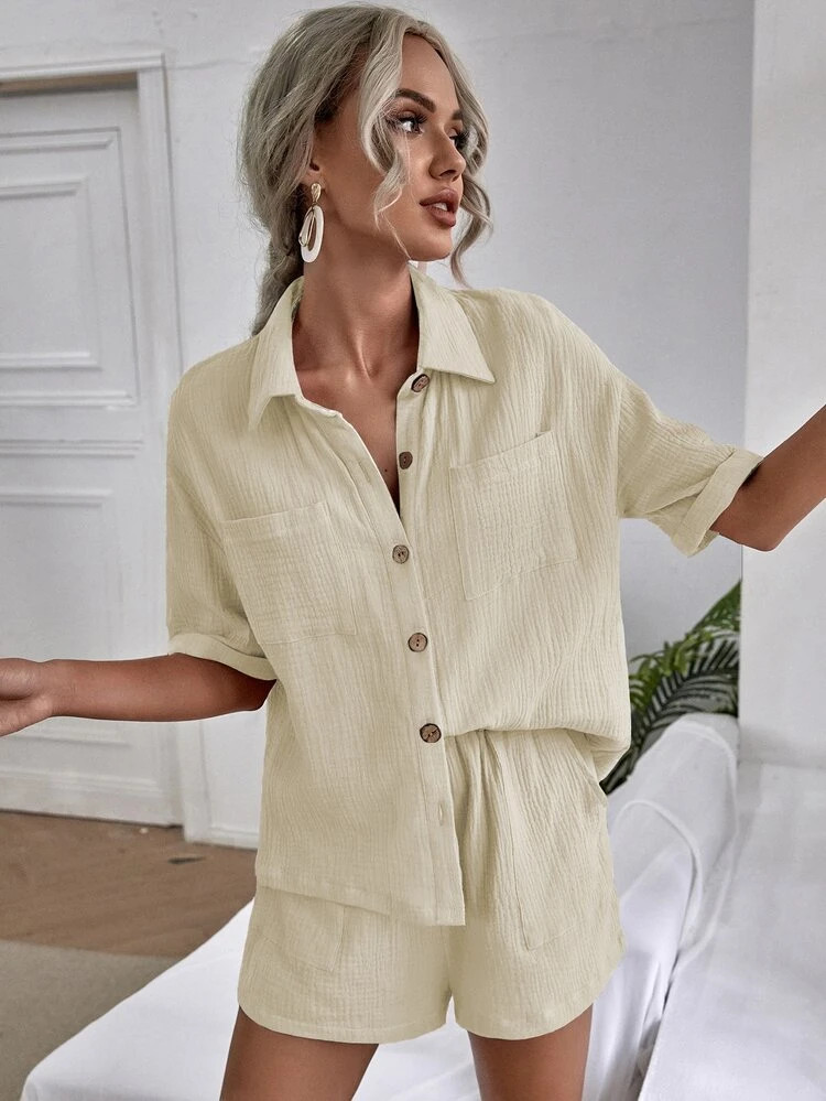 SHEIN Unity Drop Shoulder Dual Pocket Shirt & Shorts | SHEIN
