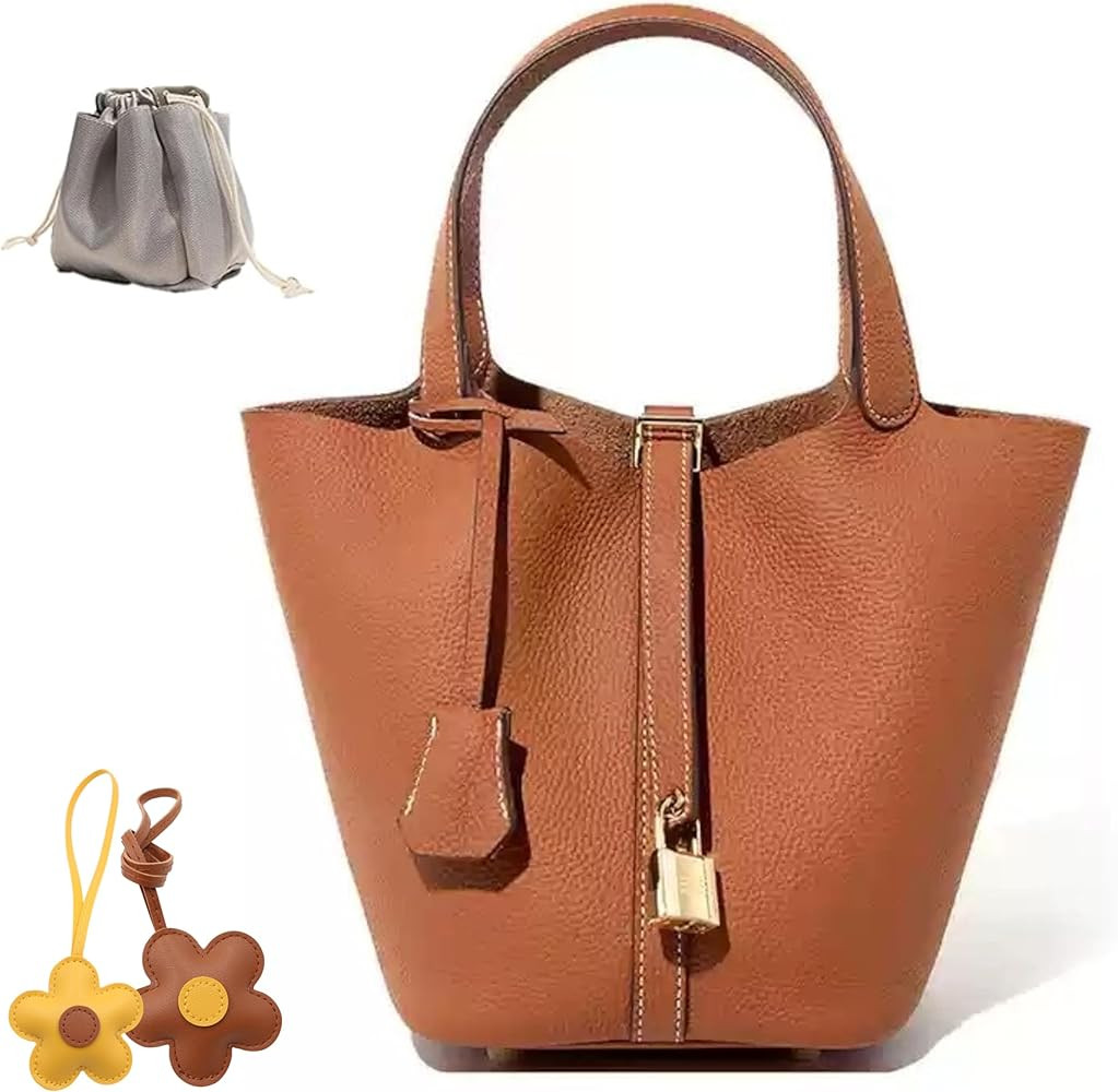 Genuine Leather Bucket Bag，Ruffle Tote Bag，Genuine Leather Lock Design，Vegetable Basket， ... | Amazon (US)