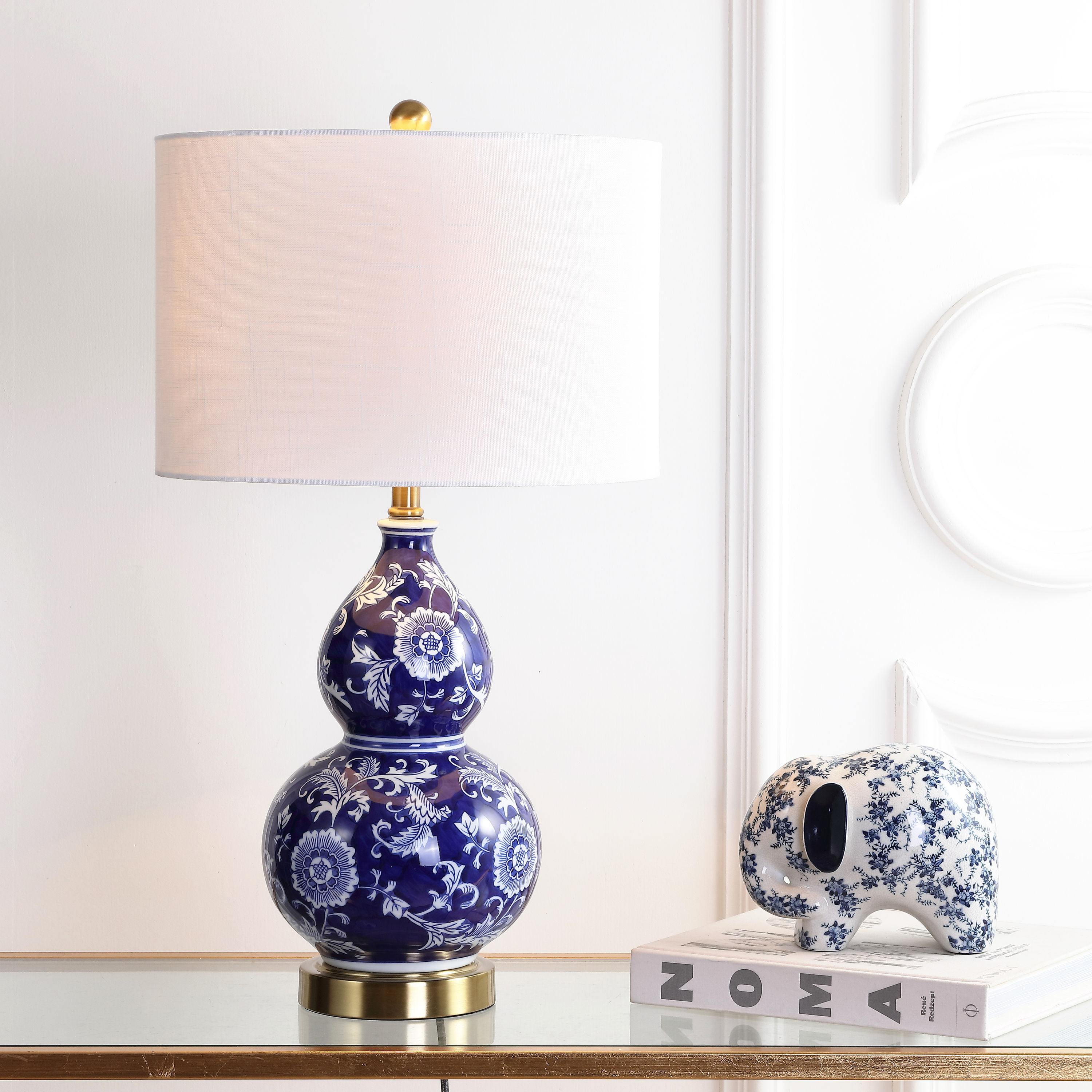 JONATHAN Y Lee Chinoiserie Floral Ceramic 27-in Brass Gold LED Rotary socket Table Lamp with Linen Shade Cotton one_size | JYL3003A | Lowe's