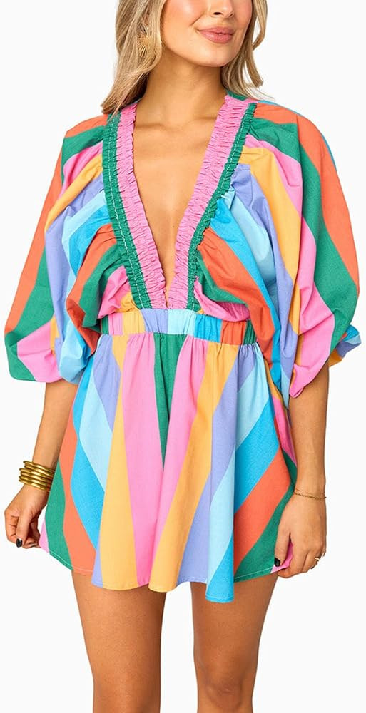 Women's Long Puff Sleeve Short Romper Summer Cute Deep V Neck Flowy Tropical Beach Vacation Plays... | Amazon (US)
