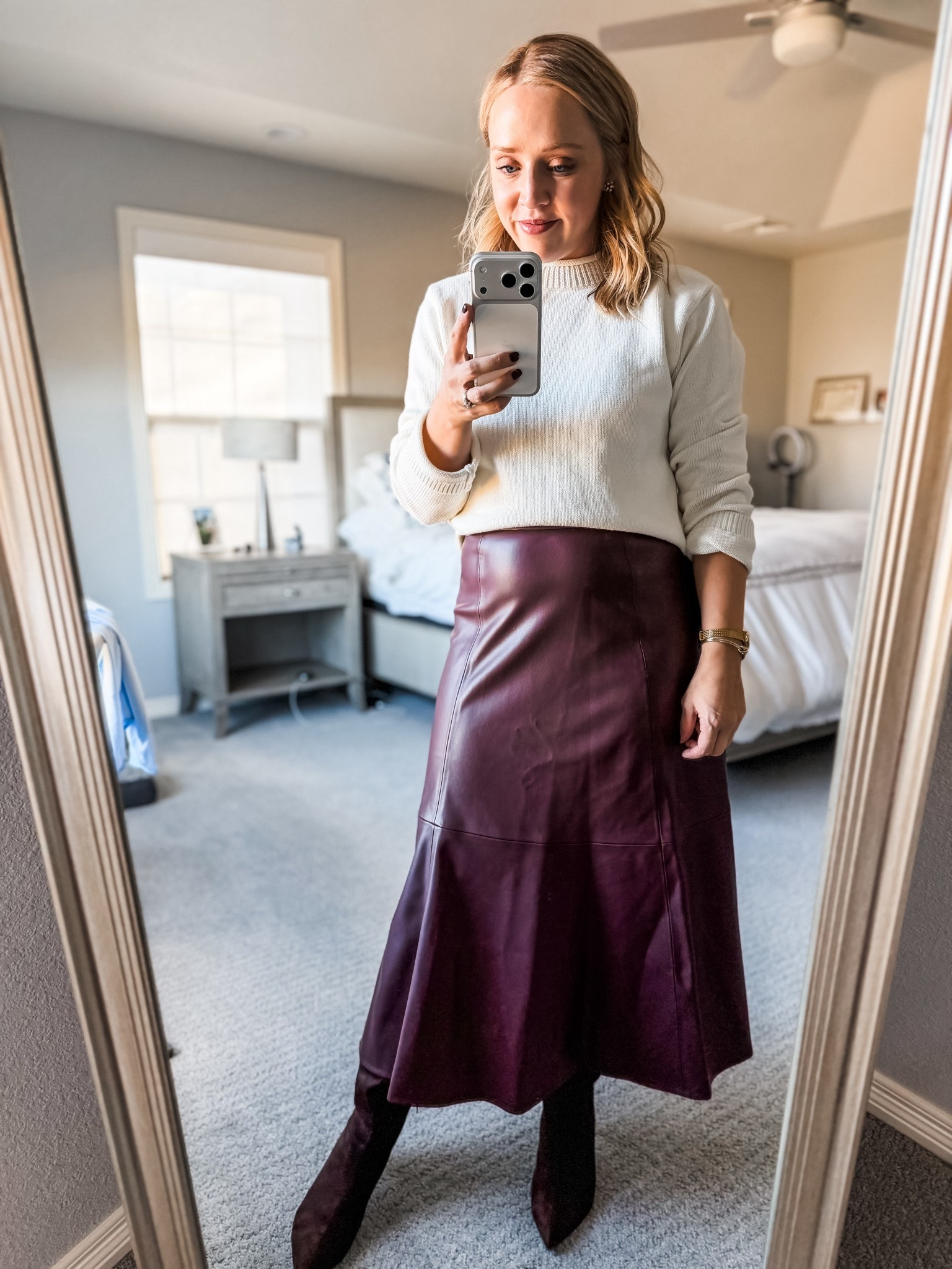 Gorgeous faux leather midi skirt. I suggest a size up! This would be a great dressy Thanksgiving outfit! Boots fit tts, similar sweaters linked. 

Fall outfits, faux leather skirt, Thanksgiving, midi skirt, suede boots, knee high boots, tall boots 

#LTKSaleAlert #LTKPetite #LTKFindsUnder100