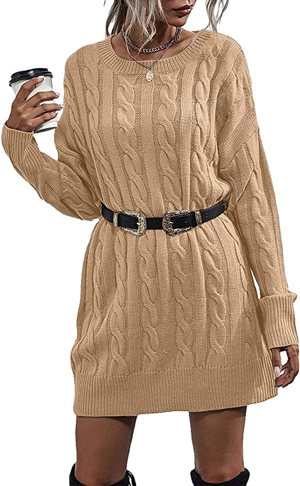 Dyexces Womens Sweater Dress Crewneck Long Sleeve Cable Knitted Dress Casual Loose Knit Mini Dres... | Amazon (US)