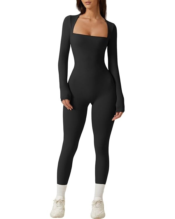 QINSEN Womens Sexy Square Neck Long Sleeve Full Length Leggings Bodycon Stretch Jumpsuit | Amazon (US)