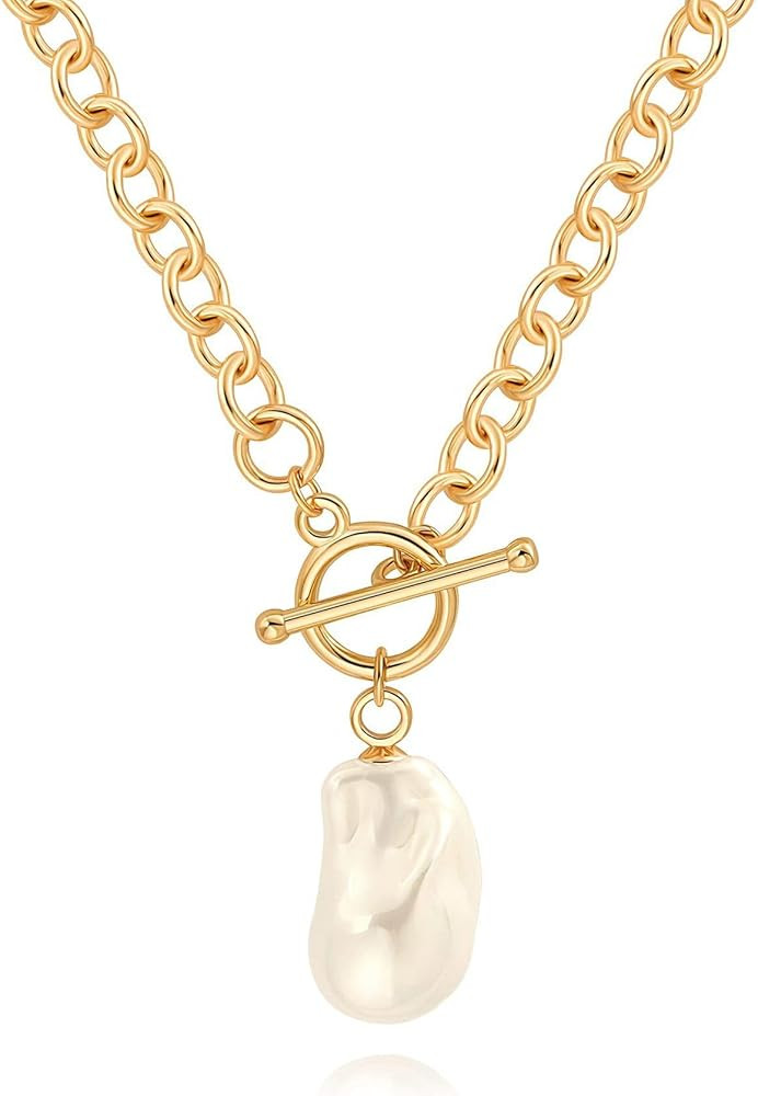 Baroque Pearl Necklace Chunky Gold Statement Pendant Irregular Trendy Non-Tarnish Jewelry | Amazon (US)