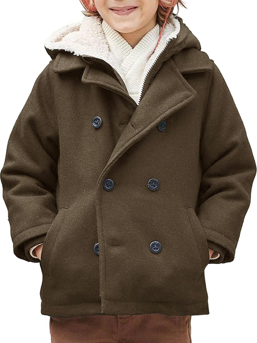 Haloumoning Boys Wool Blend Winter Coat Notched Collar Double Breasted Hooded Pea Coat Warm Outwe... | Amazon (US)