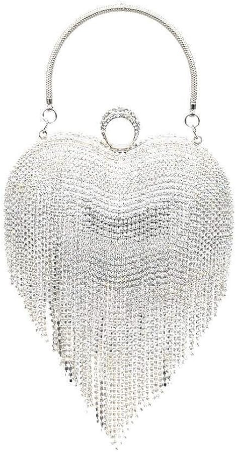 UMREN Women Luxury Heart Shape Tassel Evening Clutch Bag Rhinestones Wedding Party Purse Handbag | Amazon (US)