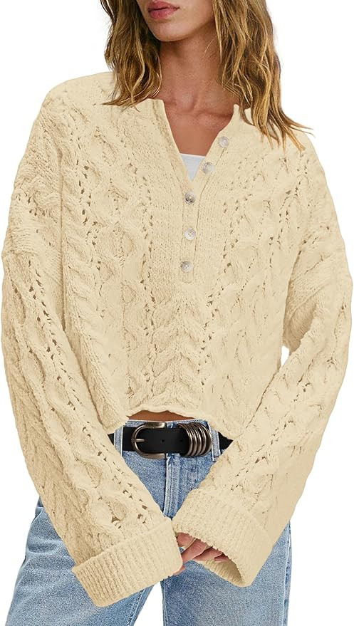 LAMISSCHE Cable Knit Sweater Women Cropped Sweaters Oversized Fall Sweaters Long Sleeve Half Butt... | Amazon (US)