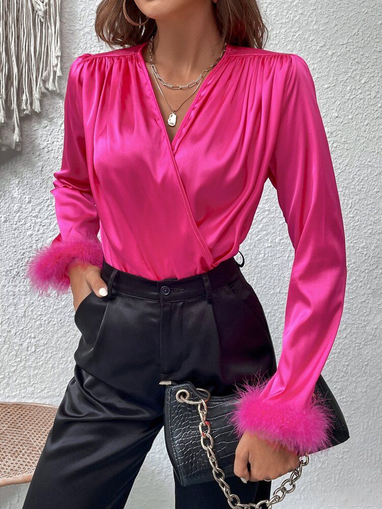 New
     
      Fuzzy Cuff Surplice Neck Satin Blouse | SHEIN