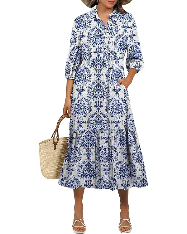 ANRABESS Women Casual 3/4 Puff Sleeve Polo V Neck Floral Printed Flowy Swing Loose Summer Boho Ma... | Amazon (US)