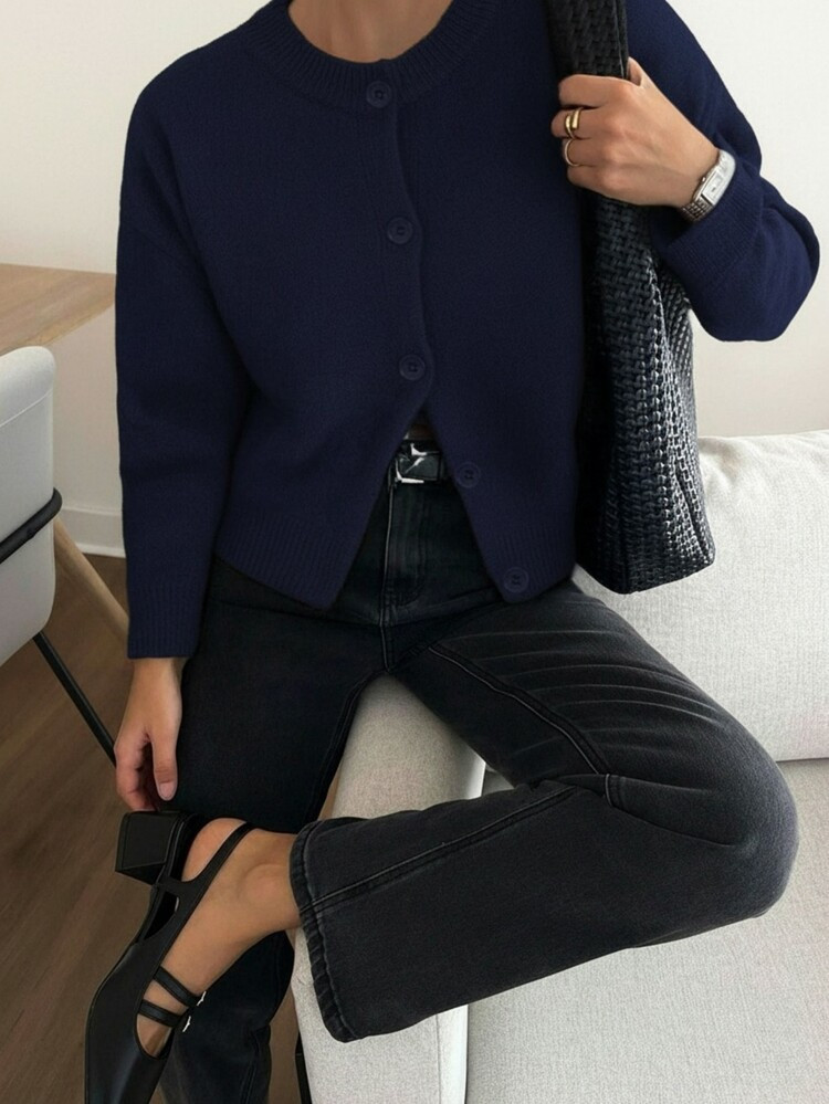 Knit Mix Elegant French Loose Knit Cardigan, Women's, Round Neck Sweater In Solid Color, Casual O... | SHEIN