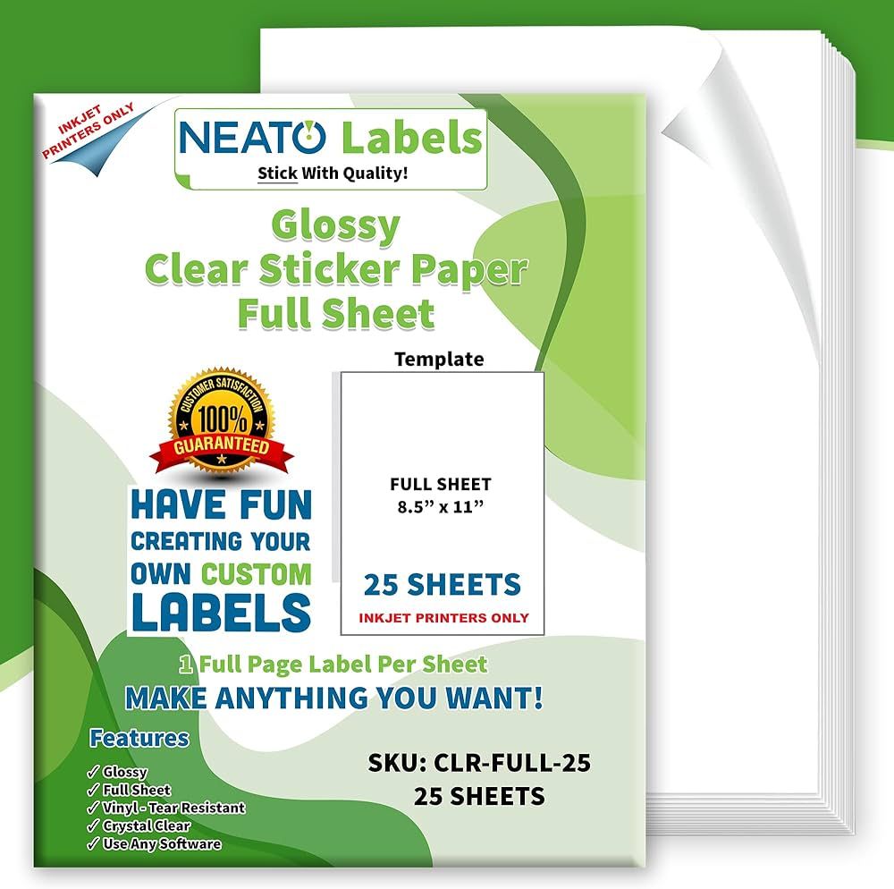 Clear Transparent Sticker Paper (8.5” x 11”) - Glossy Full Sheet Vinyl Labels for Inkjet Prin... | Amazon (US)
