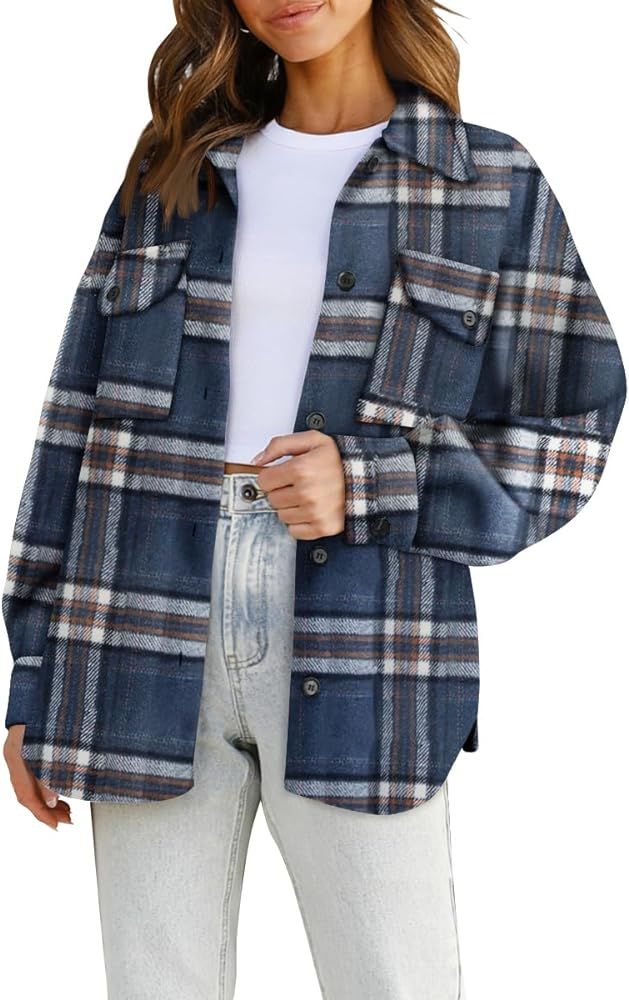 AUTOMET Womens Casual Plaid Shacket Button Down Long Sleeve Shirts | Amazon (US)