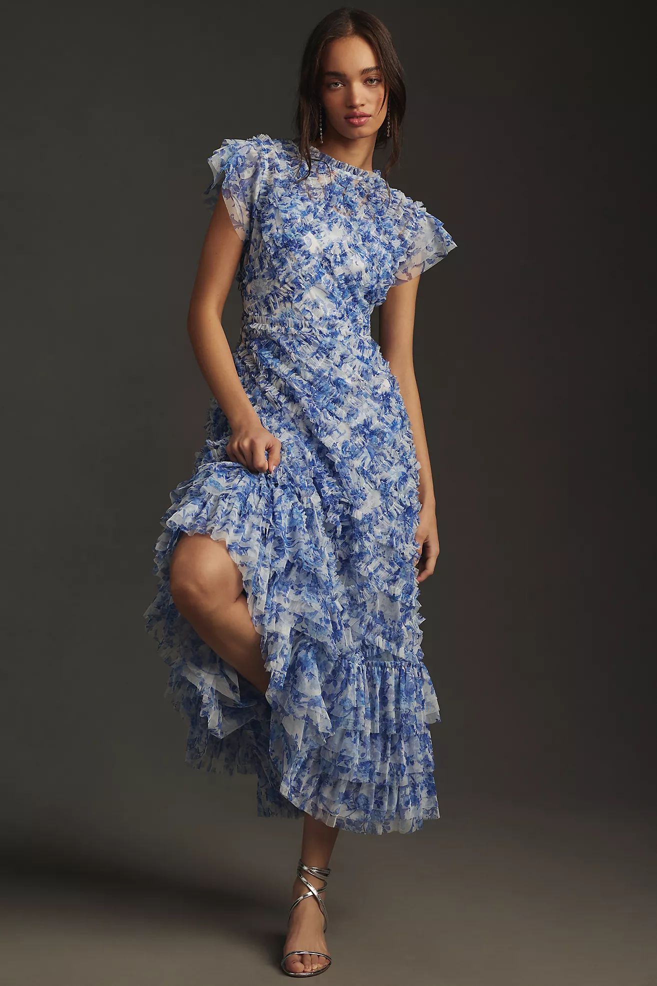 Mac Duggal Short-Sleeve High-Neck Ruffle Midi Dress | Anthropologie (US)