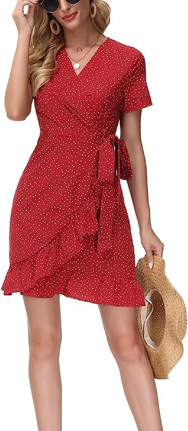 Kate Kasin Women Mini Dress Wrap V Neck Casual Summer Dress Short Sleeves Ruffled Irregular Hem w... | Amazon (US)