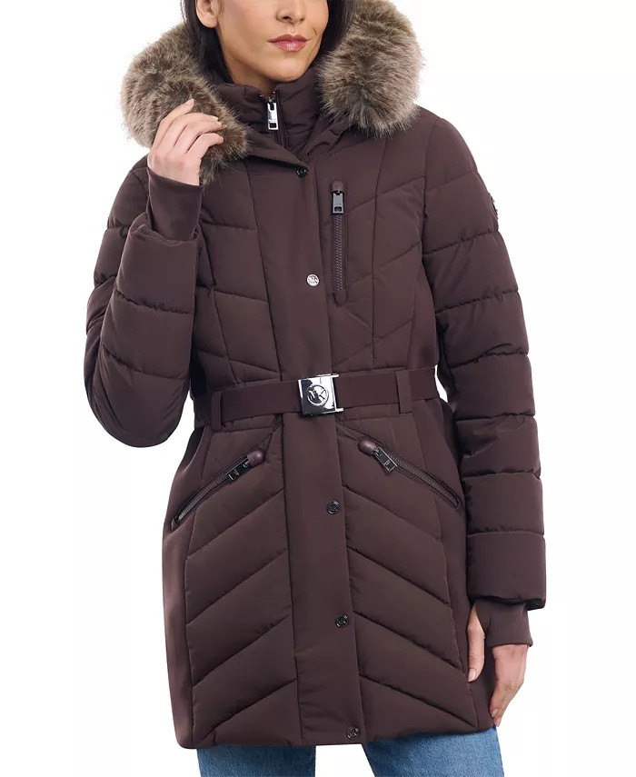 Women's Belted Faux-Fur-Trim Hooded Puffer Coat | Macy's